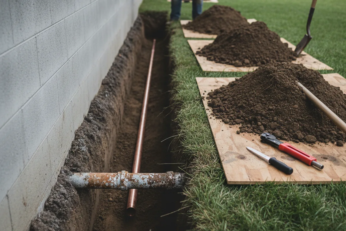 Excavated water line trench during Water Softener Installation in Bohannon